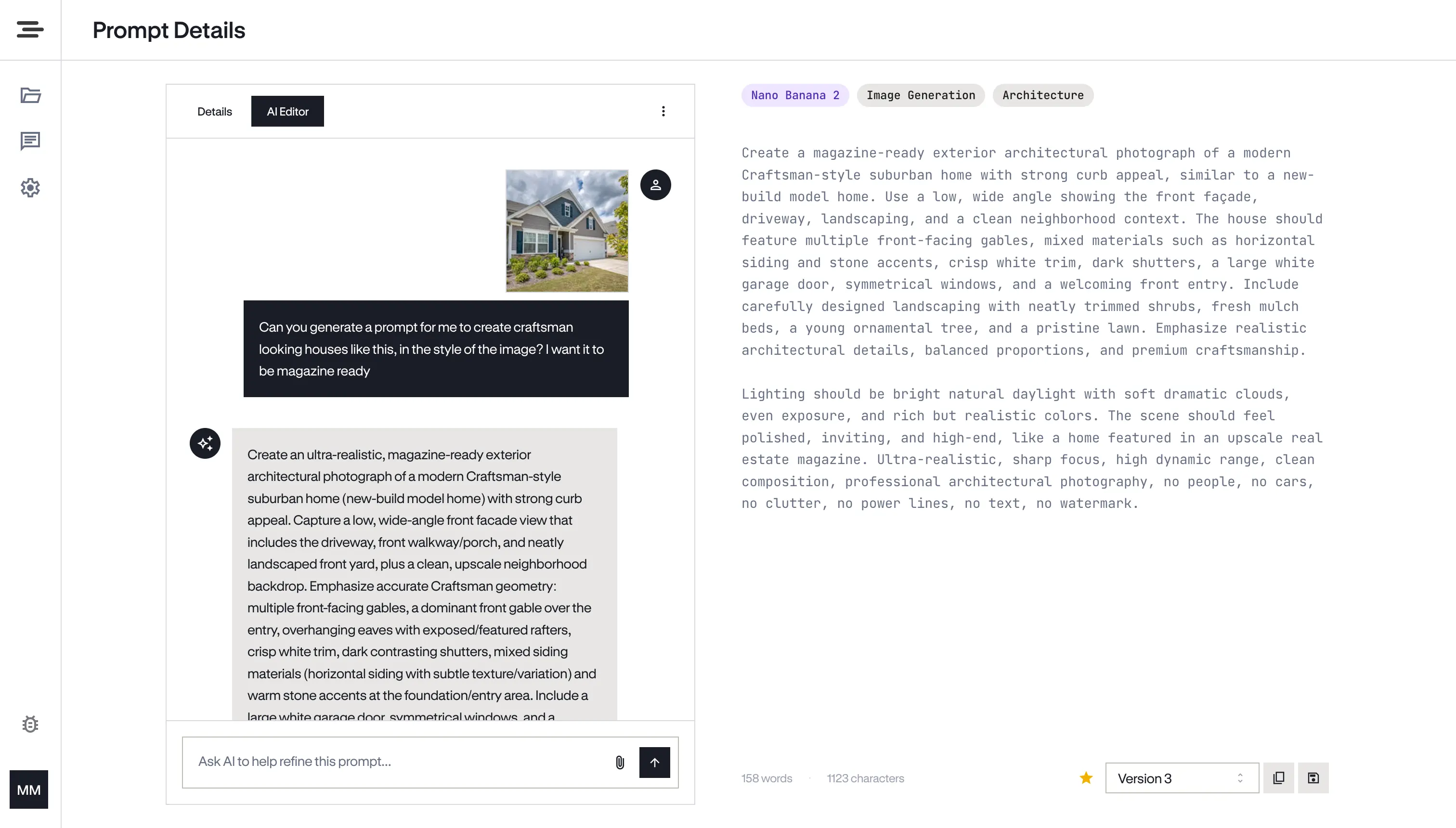 PromptStash prompt details page with AI chat and prompt editor